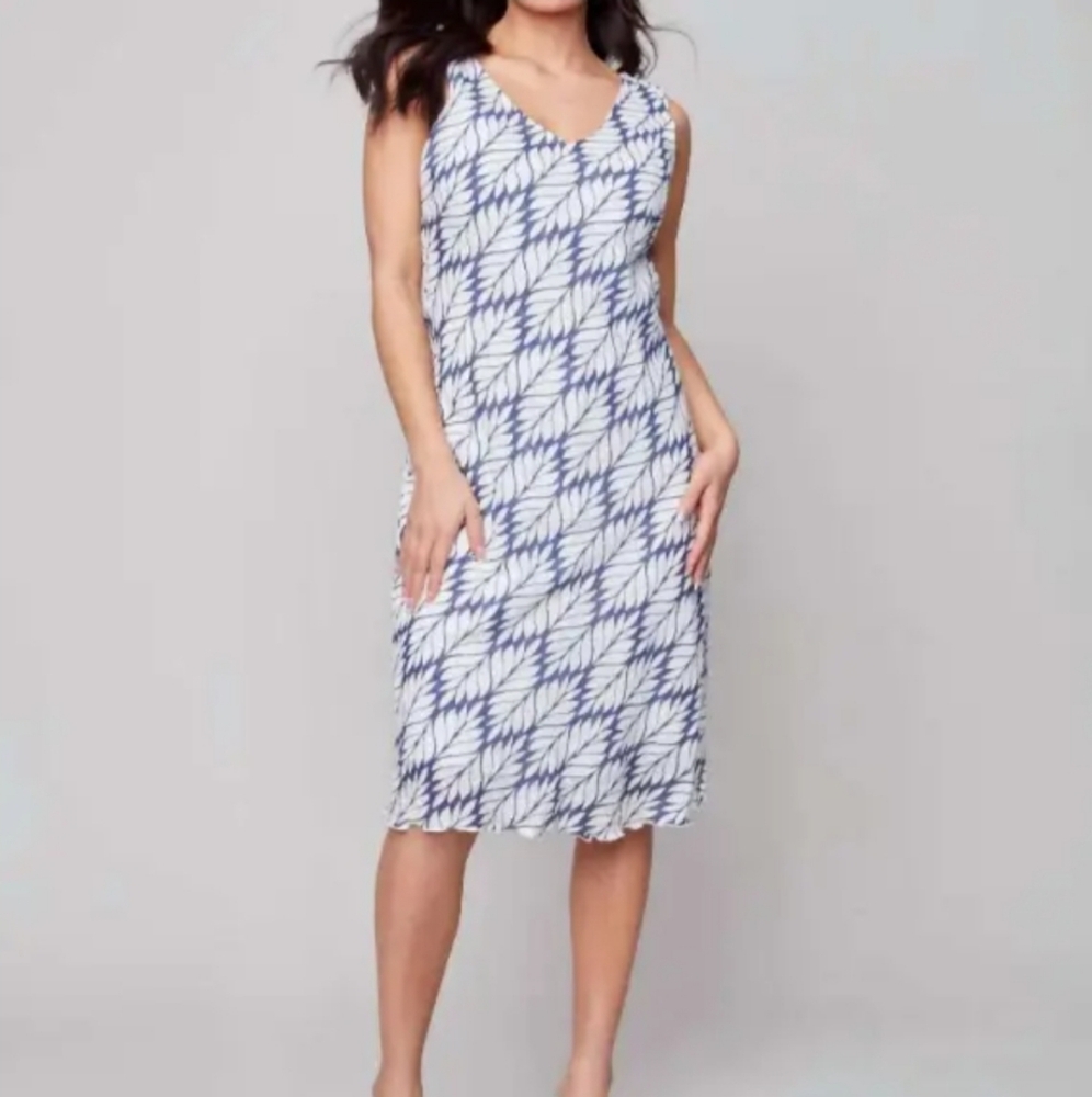 Charlie B Blue White Leaf Print Sleeveless V-Neck Cotton Modal Midi Dress XS
